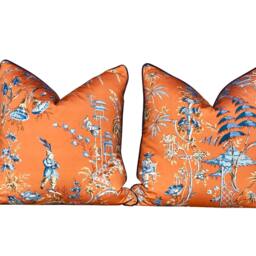Scalamandre Nanjing Pillow - Mandarin. Chinoiserie Tangerine, Lumbar Orange Pillow, Designer Toile Cushion Cover - thumbnail 3