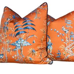 Scalamandre Nanjing Pillow - Mandarin. Chinoiserie Tangerine, Lumbar Orange Pillow, Designer Toile Cushion Cover - thumbnail 2