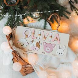 Personalized Baby Wooden Toys Name Puzzle With Farm Animals First Christmas Gifts Handmade Shower Gift Girl Nursery Decor