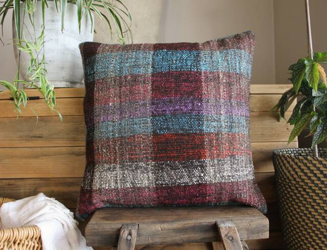 50cm - Or 20Inch Vintage Kilim Cushion Cover Handwoven - Goat Hair/Wool/Linen Speckled Turquoise Red Purple - image 1