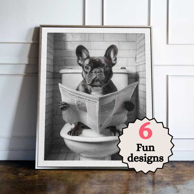 French Bulldog Bathroom Print Set, Funny Dog Wall Art, Animal Toilet Decor, Quirky Guest Poster, Frenchie Lover Gift - image 1