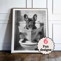 French Bulldog Bathroom Print Set, Funny Dog Wall Art, Animal Toilet Decor, Quirky Guest Poster, Frenchie Lover Gift - thumbnail 1