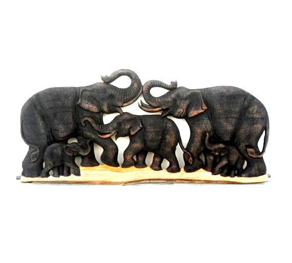 "Wood Carving Of 5 Elephant Family Art Hand Carved Natural Teak Elephants Home Decor Wall Hanging Handmade Gift 32""x8.75" - image 1