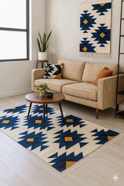 Handwoven Wool Kilim Rug Blue Beige Modern Flatweave, Contemporary Besopke Boho Decor, Minimalist Carpet - image 1