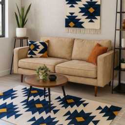 Handwoven Wool Kilim Rug Blue Beige Modern Flatweave, Contemporary Besopke Boho Decor, Minimalist Carpet - thumbnail 4