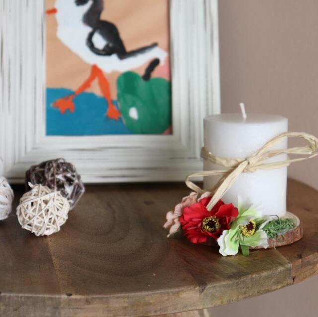 Rustic Candle Holder, Fake Flowers, Moss, Raffia Rope, Wedding Centerpiece - image 1