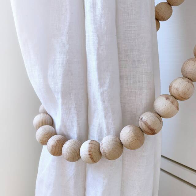 Farmhouse Bead Curtain Tie Backs Whitewashed Wood, Jute Set - image 1