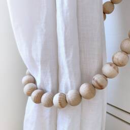 Farmhouse Bead Curtain Tie Backs Whitewashed Wood, Jute Set