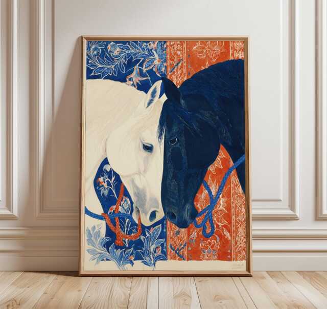 Elegant Horse Art Print, Blue & Orange Equestrian Poster, Modern Animal Wall With Floral Pattern, Symbolic Duality Artwork For Homes - image 1