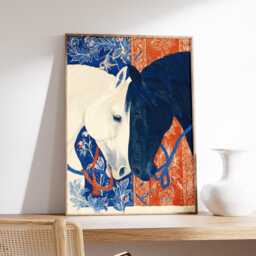 Elegant Horse Art Print, Blue & Orange Equestrian Poster, Modern Animal Wall With Floral Pattern, Symbolic Duality Artwork For Homes - thumbnail 2