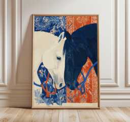Elegant Horse Art Print, Blue & Orange Equestrian Poster, Modern Animal Wall With Floral Pattern, Symbolic Duality Artwork For Homes - thumbnail 1