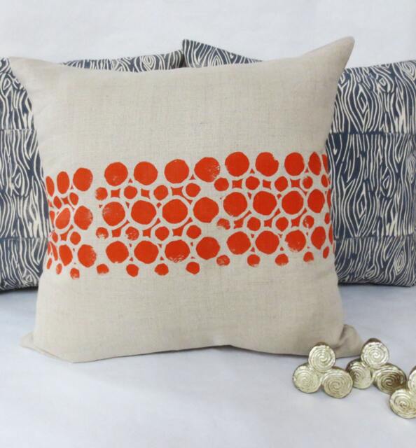 Grey Taupe Linen Hand Block Printed Pillow With Orange Circular Geometric Print - image 1