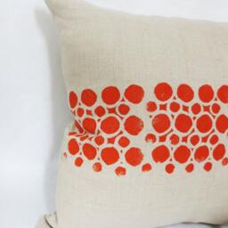 Grey Taupe Linen Hand Block Printed Pillow With Orange Circular Geometric Print - thumbnail 3