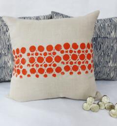 Grey Taupe Linen Hand Block Printed Pillow With Orange Circular Geometric Print