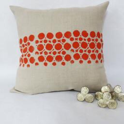Grey Taupe Linen Hand Block Printed Pillow With Orange Circular Geometric Print - thumbnail 2
