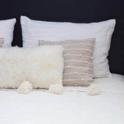 Moroccan Pom Blanket & Throw, Ivory White Bed Cover, Hand Woven Wool, Bohemian Blanket, Berber Handmade Bed Throw - thumbnail 2