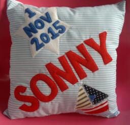 Baby Boys Personalised Name Date Cushion Pillow New Christening Birthday Present Bedroom Nursery Decoration Blue Red Boat Nautical - thumbnail 1