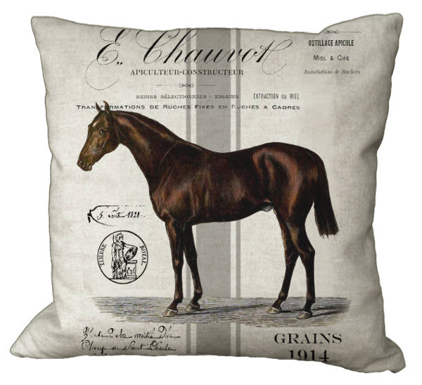 French Grain Sack Stripe Horse 20x20 Linen Cotton