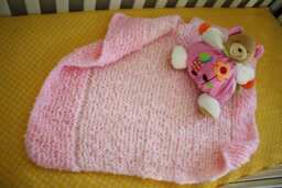 Bubble Gum Pink Hand Knit Baby Blanket Light Pink White Soft Newborn Infant Blanket Nursery Knitted Hand Made Stripes Retro Baby Shower Gift - thumbnail 1