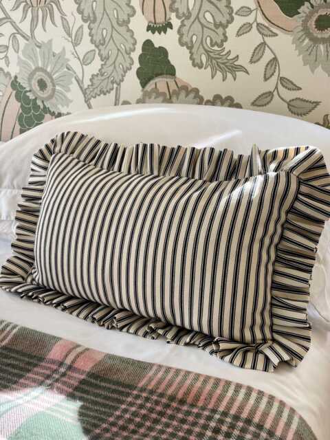 Black Ticking Stripe Frilled Ruffle Lumbar Cushion With Feather Inner. 35cm X 55cm - image 1