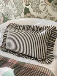 Black Ticking Stripe Frilled Ruffle Lumbar Cushion With Feather Inner. 35cm X 55cm