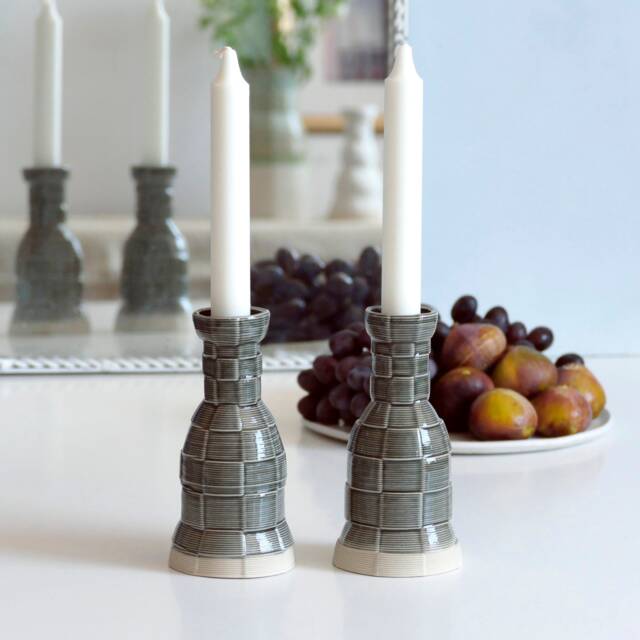 3D Printed Clay Candleholders, Checkered Pattern Pop Style, Pair Of Shabbat Candlesticks, Ceramic With Gray Glaze - image 1