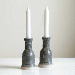 3D Printed Clay Candleholders, Checkered Pattern Pop Style, Pair Of Shabbat Candlesticks, Ceramic With Gray Glaze - thumbnail 4
