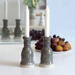 3D Printed Clay Candleholders, Checkered Pattern Pop Style, Pair Of Shabbat Candlesticks, Ceramic With Gray Glaze - thumbnail 1