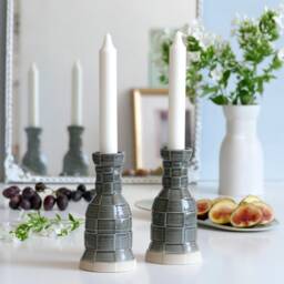 3D Printed Clay Candleholders, Checkered Pattern Pop Style, Pair Of Shabbat Candlesticks, Ceramic With Gray Glaze - thumbnail 3