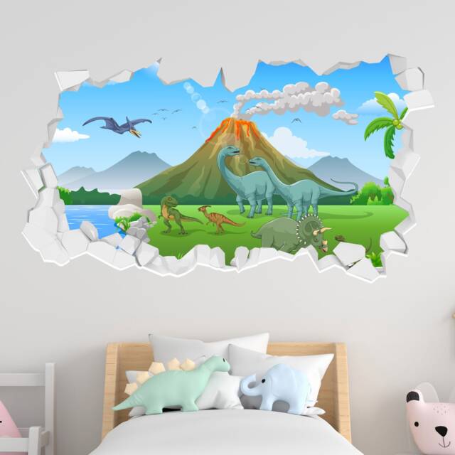 Dinosaur Wall Sticker - Cartoon Land With Erupting Volcano Broken Decal Kids Art - image 1