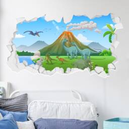 Dinosaur Wall Sticker - Cartoon Land With Erupting Volcano Broken Decal Kids Art - thumbnail 2