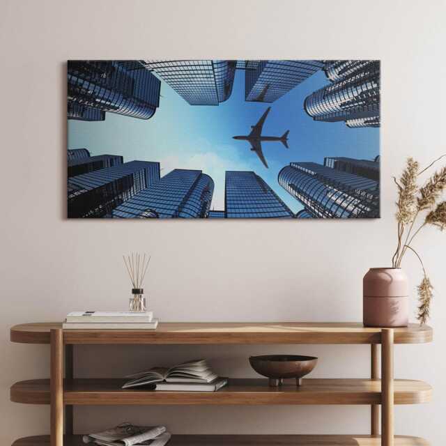 Airplane Over Buildings Canvas, Picture Wall Hanging, Navy Art, Vehicle Canvas Painting - image 1