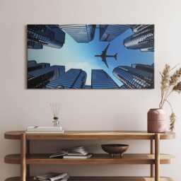 Airplane Over Buildings Canvas, Picture Wall Hanging, Navy Art, Vehicle Canvas Painting - thumbnail 1