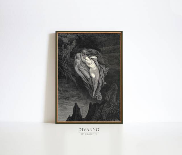 Lovers Print, Gothic Dore Exhibition Poster, Divine Comedy Antique Hell Canvas, Halloween Home Decor, Dark Academia Wall Art, Digital, Gift - image 1