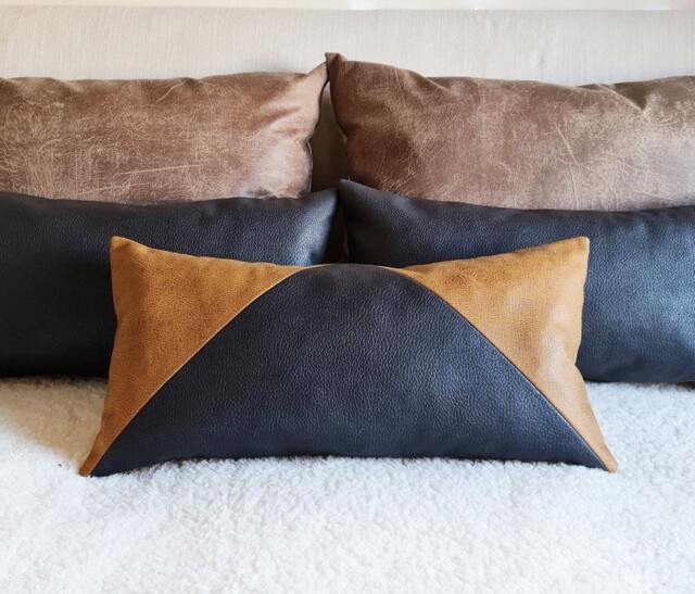 Zen Lumbar Pillow Cover Camel & Black Faux Leather, Scandinavian Design - image 1