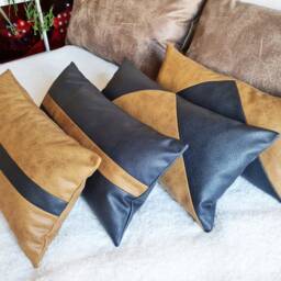 Zen Lumbar Pillow Cover Camel & Black Faux Leather, Scandinavian Design - thumbnail 4