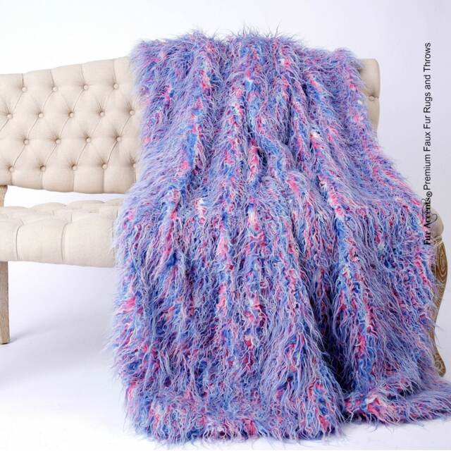 Luxury Pink, White & Blue Faux Fur Throw Blanket - Usa Made