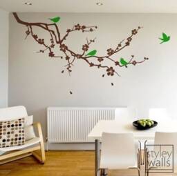 Cherry Blossom Branch & Birds Wall Decal, Tree With Flowers Sticker Decor - thumbnail 1