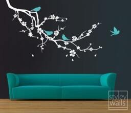 Cherry Blossom Branch & Birds Wall Decal, Tree With Flowers Sticker Decor - thumbnail 2