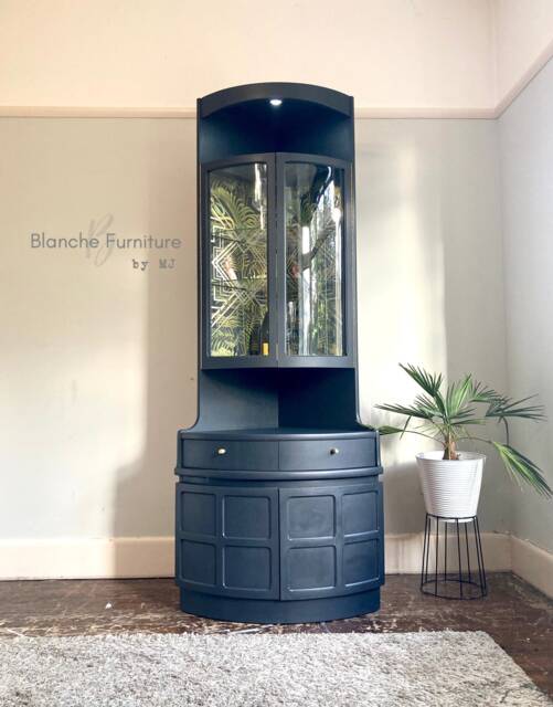 Tall Mid Century Modern Nathan Corner Drinks Cabinet - Ash Grey Cocktail Display Unit - image 1
