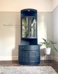 Tall Mid Century Modern Nathan Corner Drinks Cabinet - Ash Grey Cocktail Display Unit
