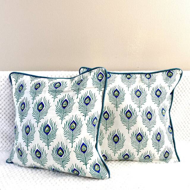 Peacock Feather Cushion/Throw Pillow Covers , Block Print Cotton, Peacock Motif, 16 X 16 Inches.teal, Blue-Green.pillow Case.accent Pillow Cover - image 1