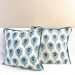 Peacock Feather Cushion/Throw Pillow Covers , Block Print Cotton, Peacock Motif, 16 X 16 Inches.teal, Blue-Green.pillow Case.accent Pillow Cover - thumbnail 1