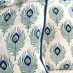 Peacock Feather Cushion/Throw Pillow Covers , Block Print Cotton, Peacock Motif, 16 X 16 Inches.teal, Blue-Green.pillow Case.accent Pillow Cover - thumbnail 2