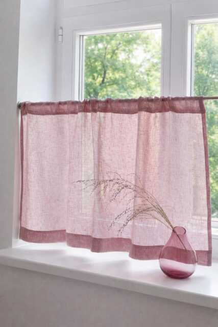 Pink Linen Cafe Curtain Sheer Rod Pocket Kitchen Valance - image 1