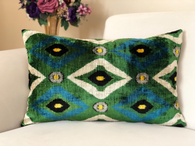 Green Ikat Velvet Pillow Cover Bohemian Lumbar Cushion - image 1