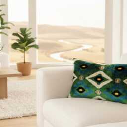 Green Ikat Velvet Pillow Cover Bohemian Lumbar Cushion - thumbnail 4
