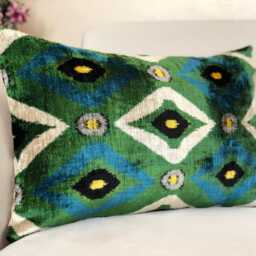 Green Ikat Velvet Pillow Cover Bohemian Lumbar Cushion - thumbnail 2