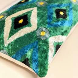 Green Ikat Velvet Pillow Cover Bohemian Lumbar Cushion - thumbnail 3