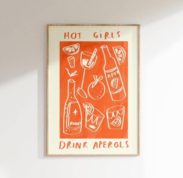 Hot Girls Drink Aperol Wall Print - Spritz Illustration Drinks Poster Cocktail Art Bar Idea Gifts For - image 1